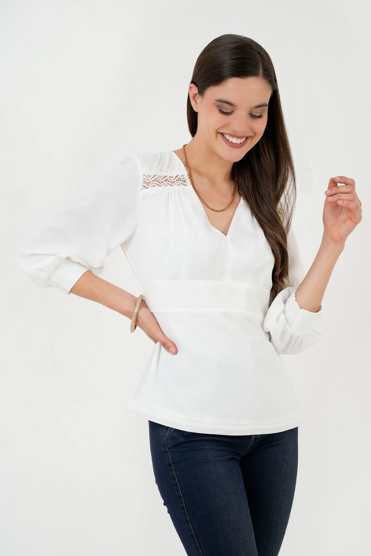Blusa Manga 3/4 Cierre Espalda Bolillo Calado BLU05071STNHUESM