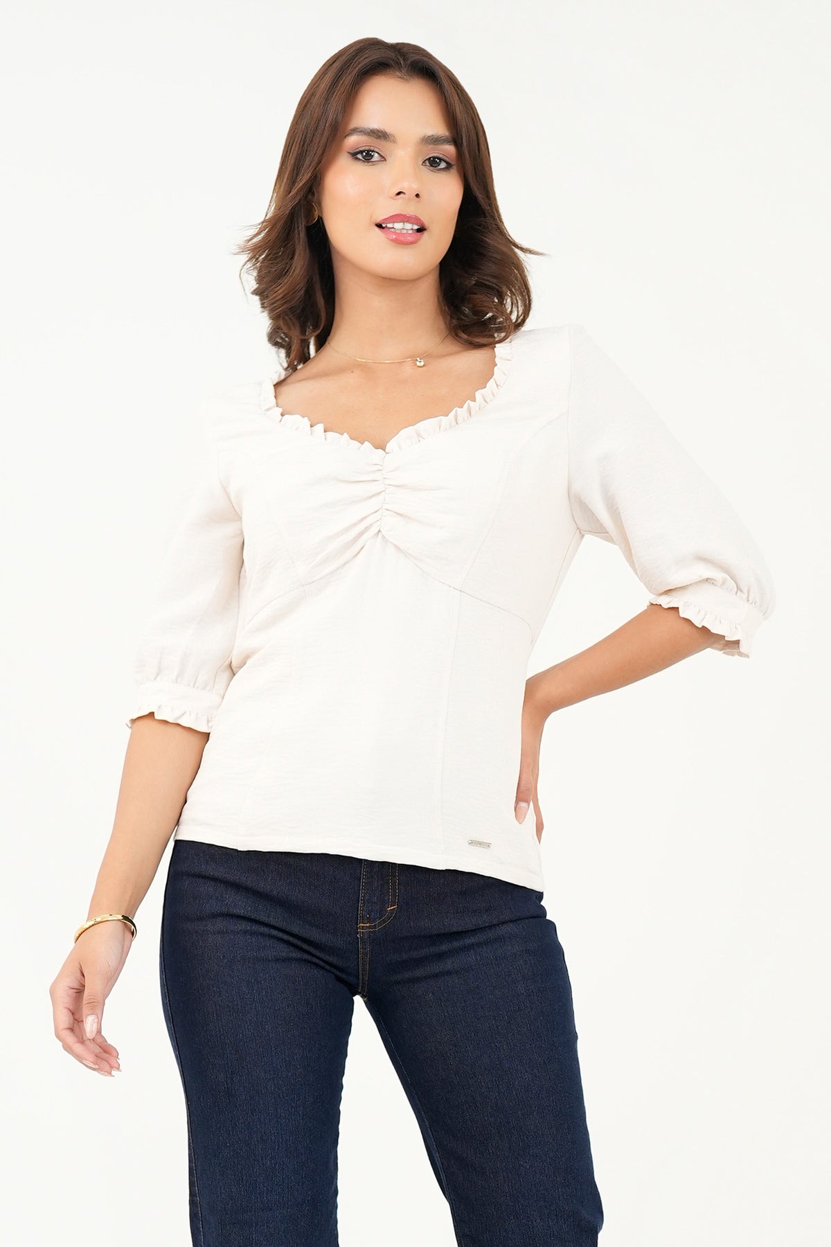 Blusa manga 3/4 Escote con bobito doblado BLU07085BGNMFLSM