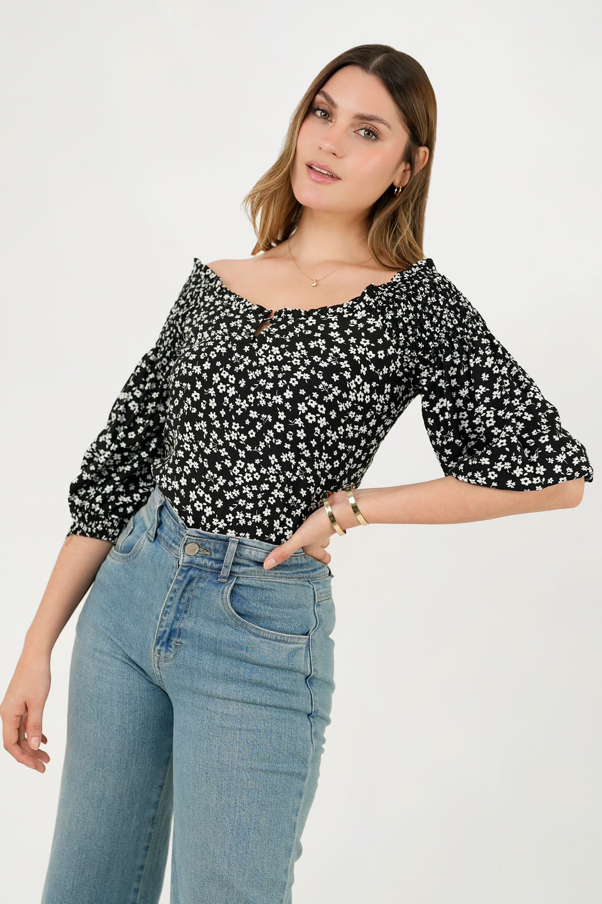 Blusa Manga 3/4 Ghaia Estampada con Escote Bote BLU08028LSDNEGME