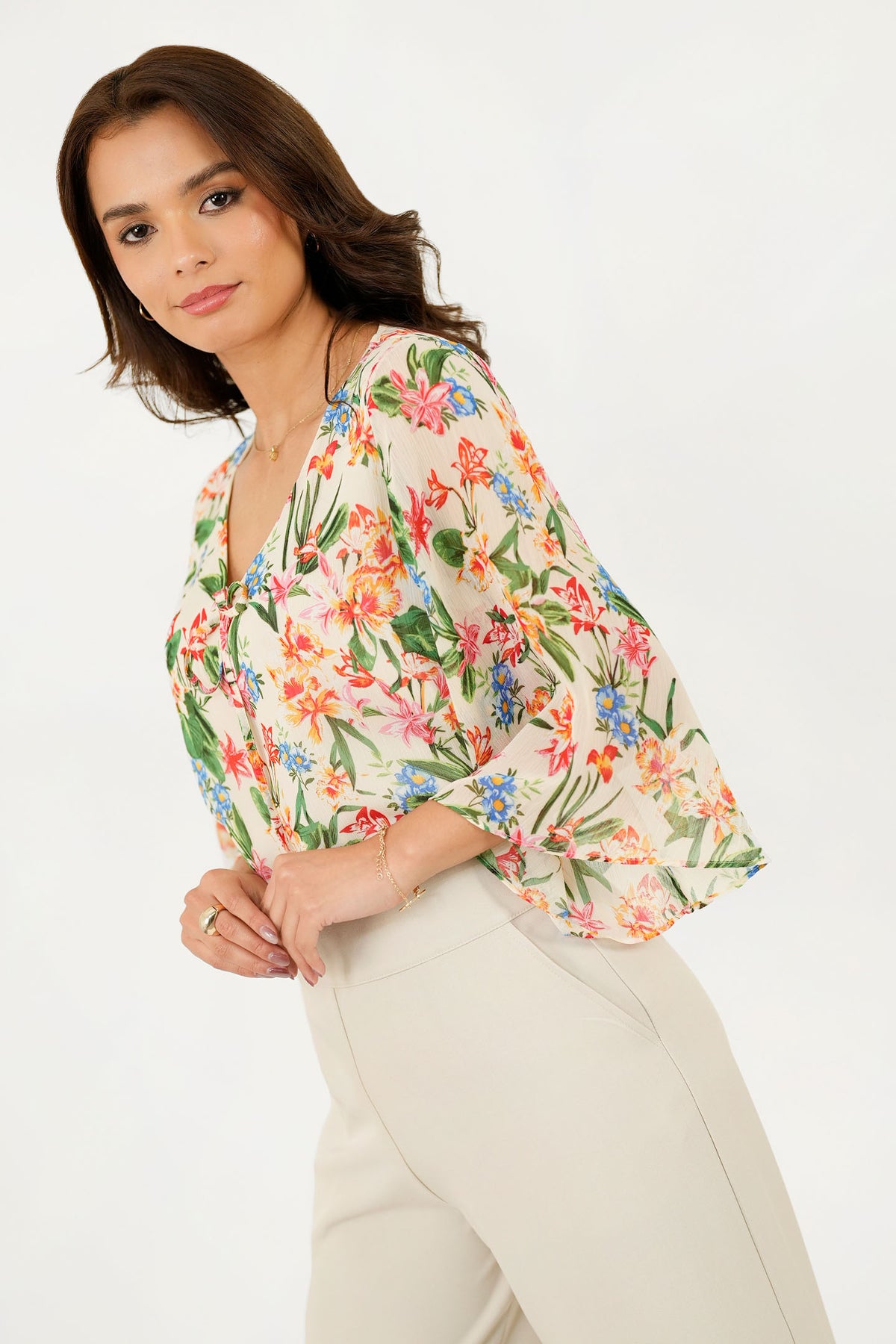 Blusa Manga 3/4 Gasa Estampada con Lazo Escote en V BLU08010GSACEMSM