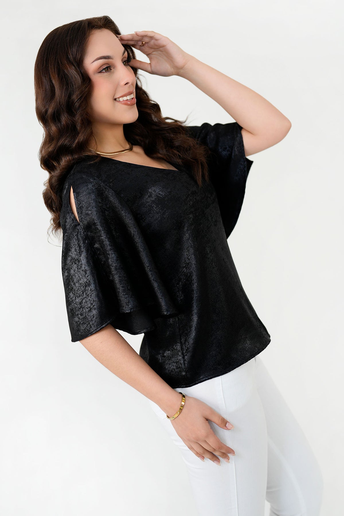 Blusa Manga 3/4 Seda Foil Escote V BLU08061SEFNEGXL