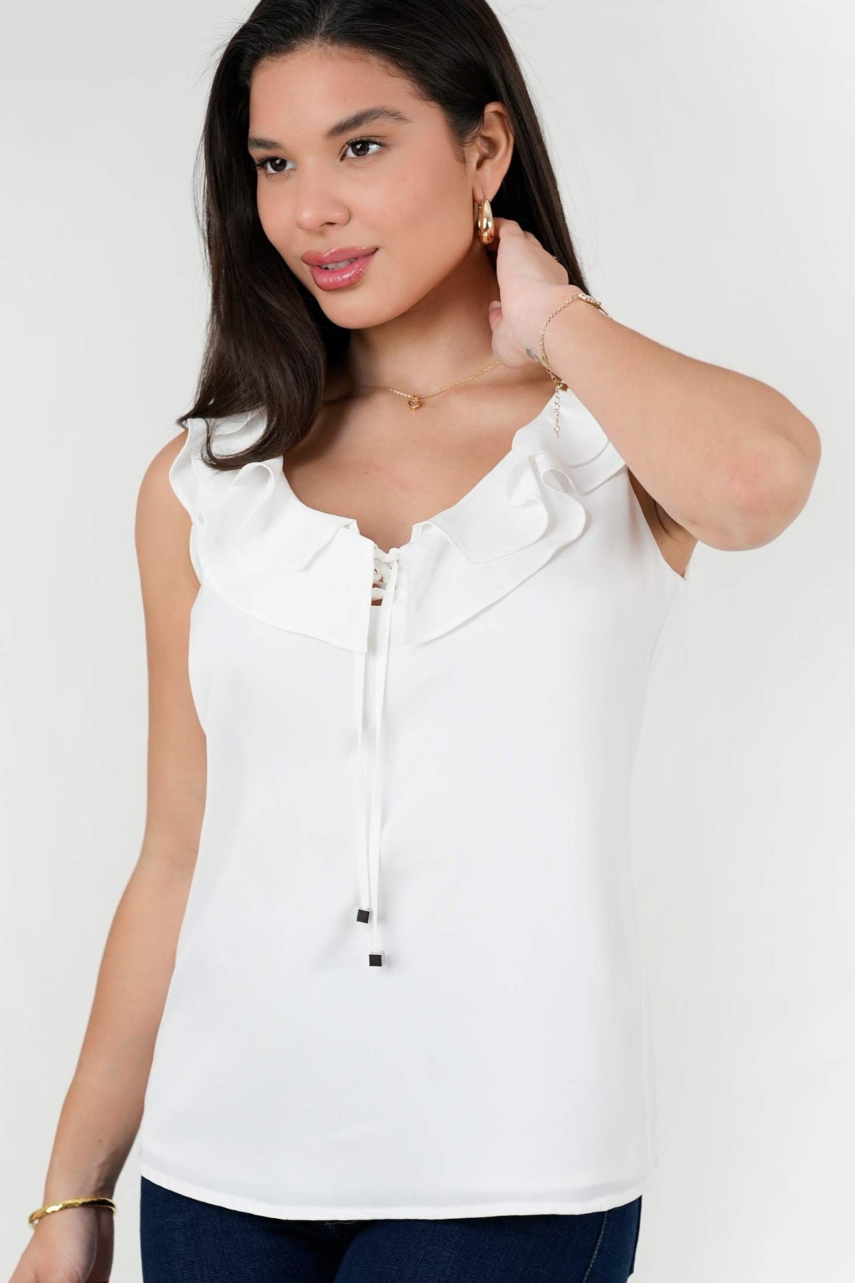Blusa Satín Crepé Escote Redondo con Volantes BLU08122SACHUEME
