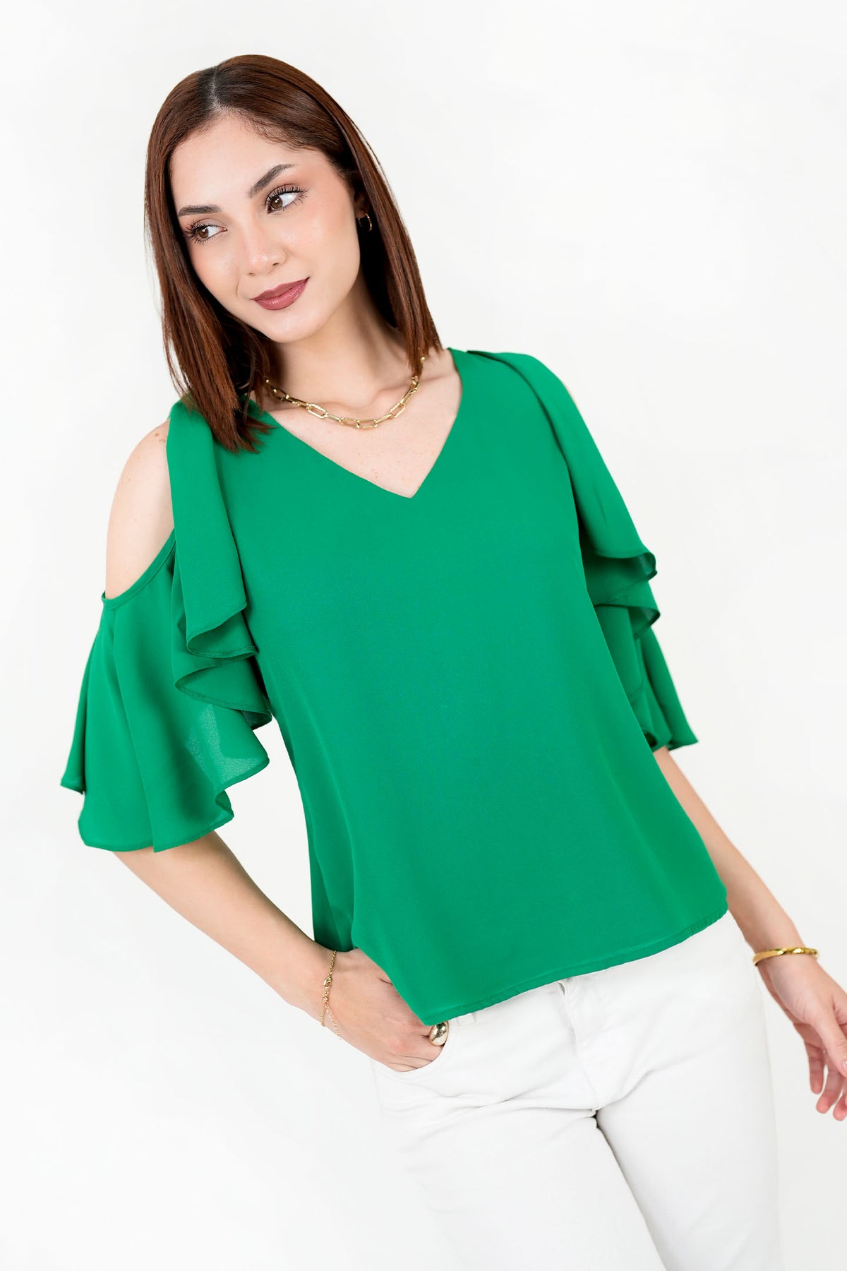 Blusa Gasa Crepé Escote V con Ruffle BLU08120GCPVPEME