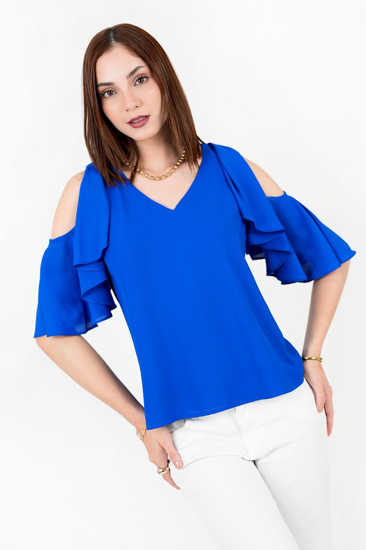 Blusa Gasa Crepé Escote V con Ruffle BLU08120GCPAZNME
