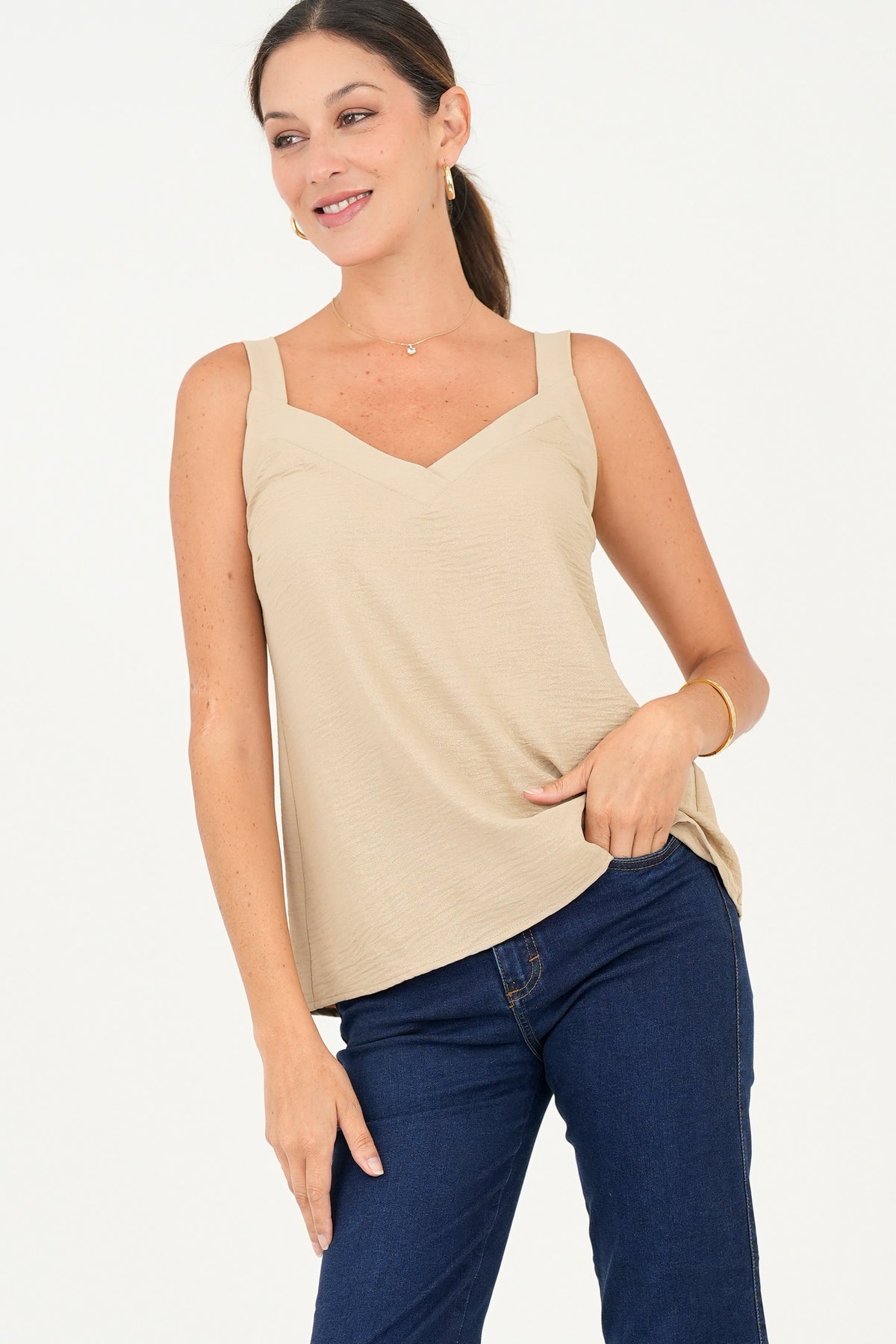 Top Vienna Tiras Anchas con Brillo Escote V TOP07156BGNBEISM