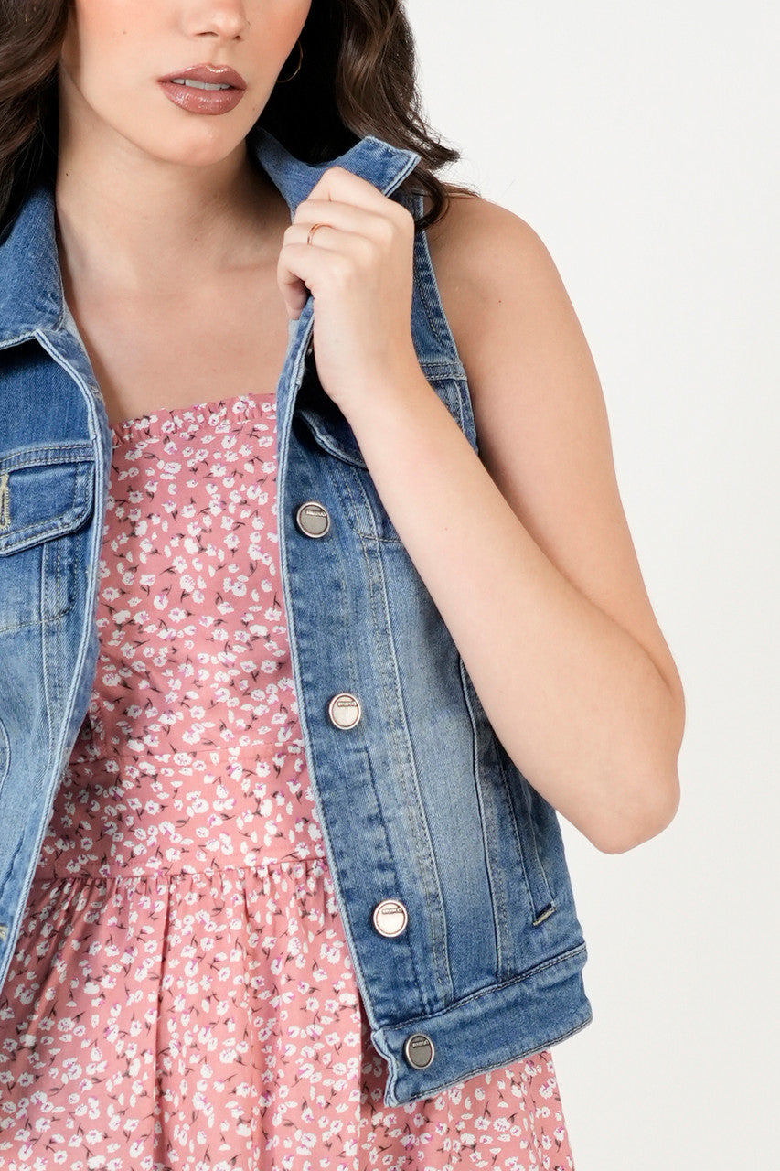 Chaleco Denim Bolsillos De Parche Botones Dorados