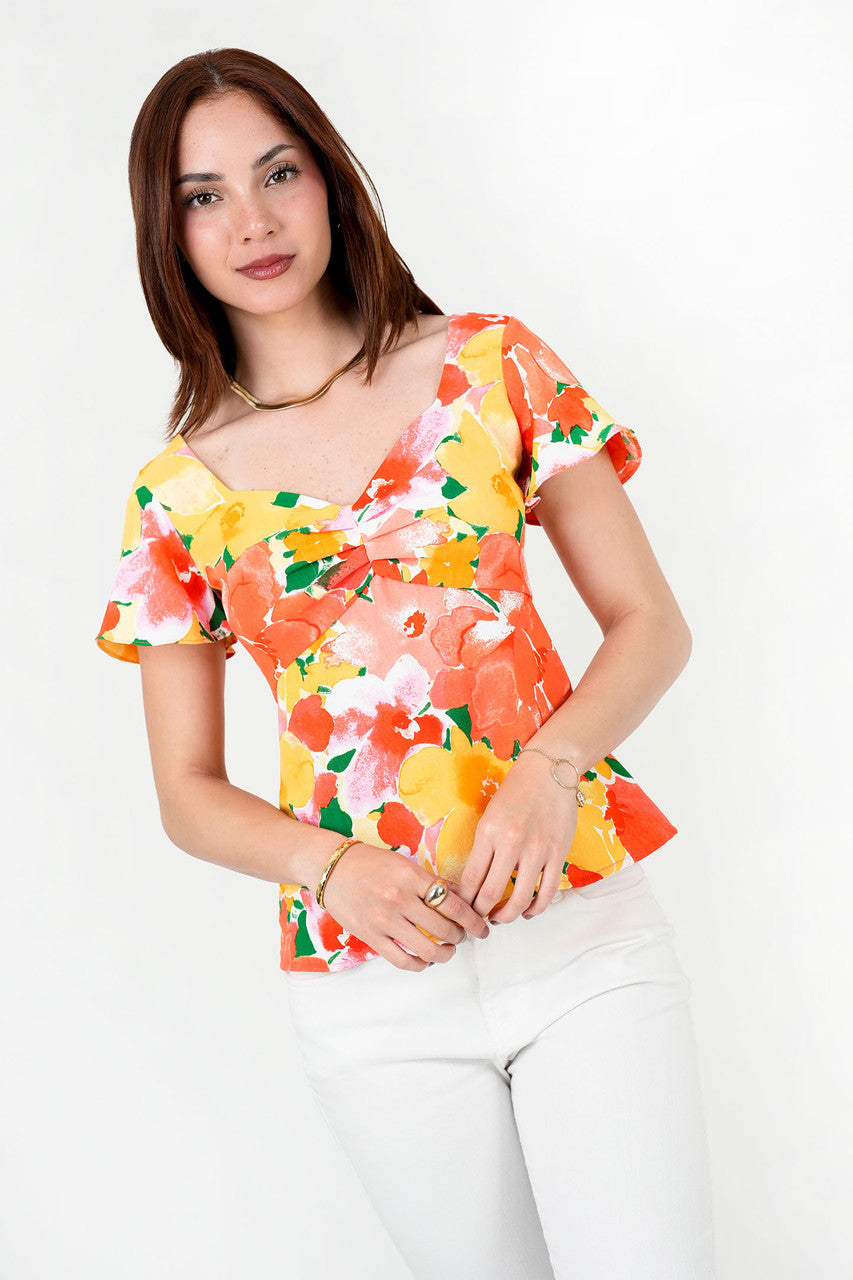 Blusa Vienna Estampada Escote Corazón con Busto Drapeado
