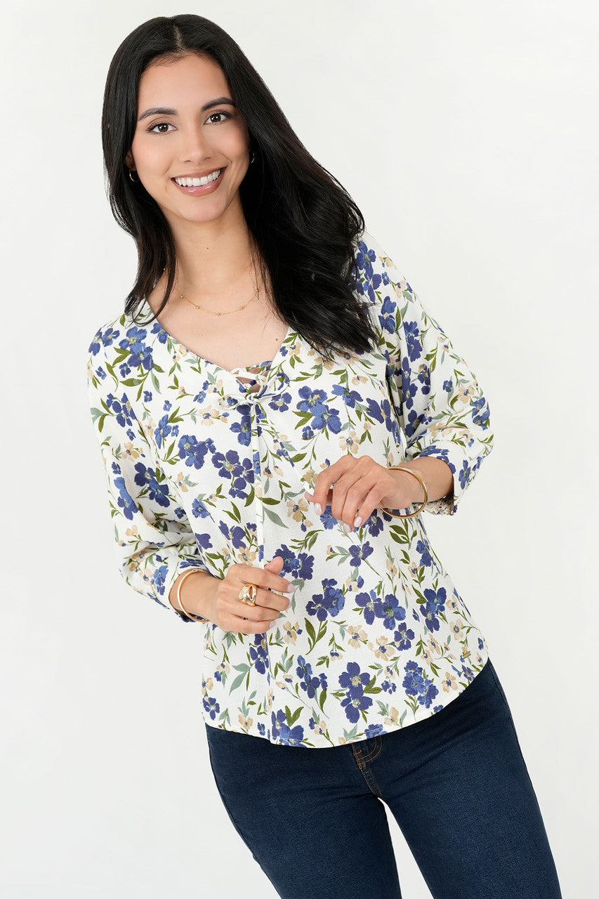 Blusa Vienna Lino Manga 3/4 Escote V con Presillas