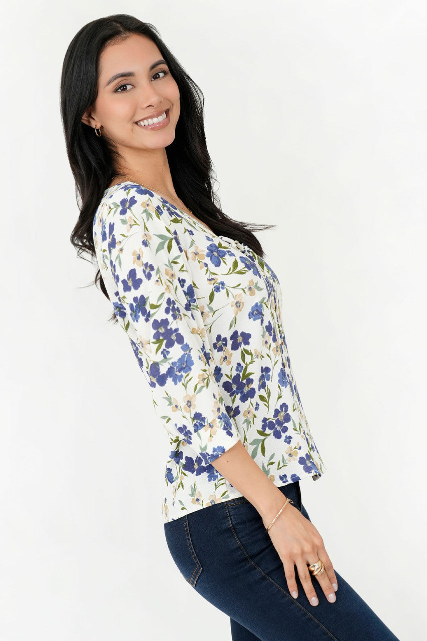 Blusa Vienna Lino Manga 3/4 Escote V con Presillas