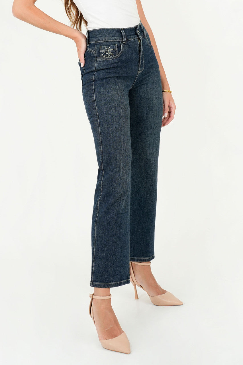 Pantalón Recto Denim con Bordado en Bolsillo Relojero