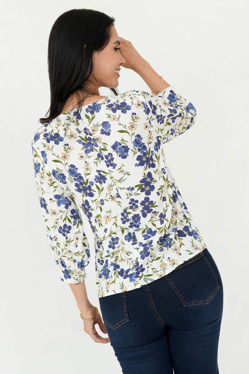 Blusa Vienna Lino Manga 3/4 Escote V con Presillas