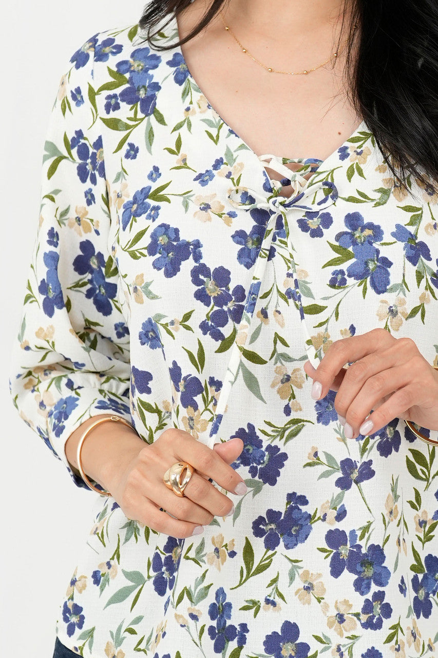 Blusa Vienna Lino Manga 3/4 Escote V con Presillas