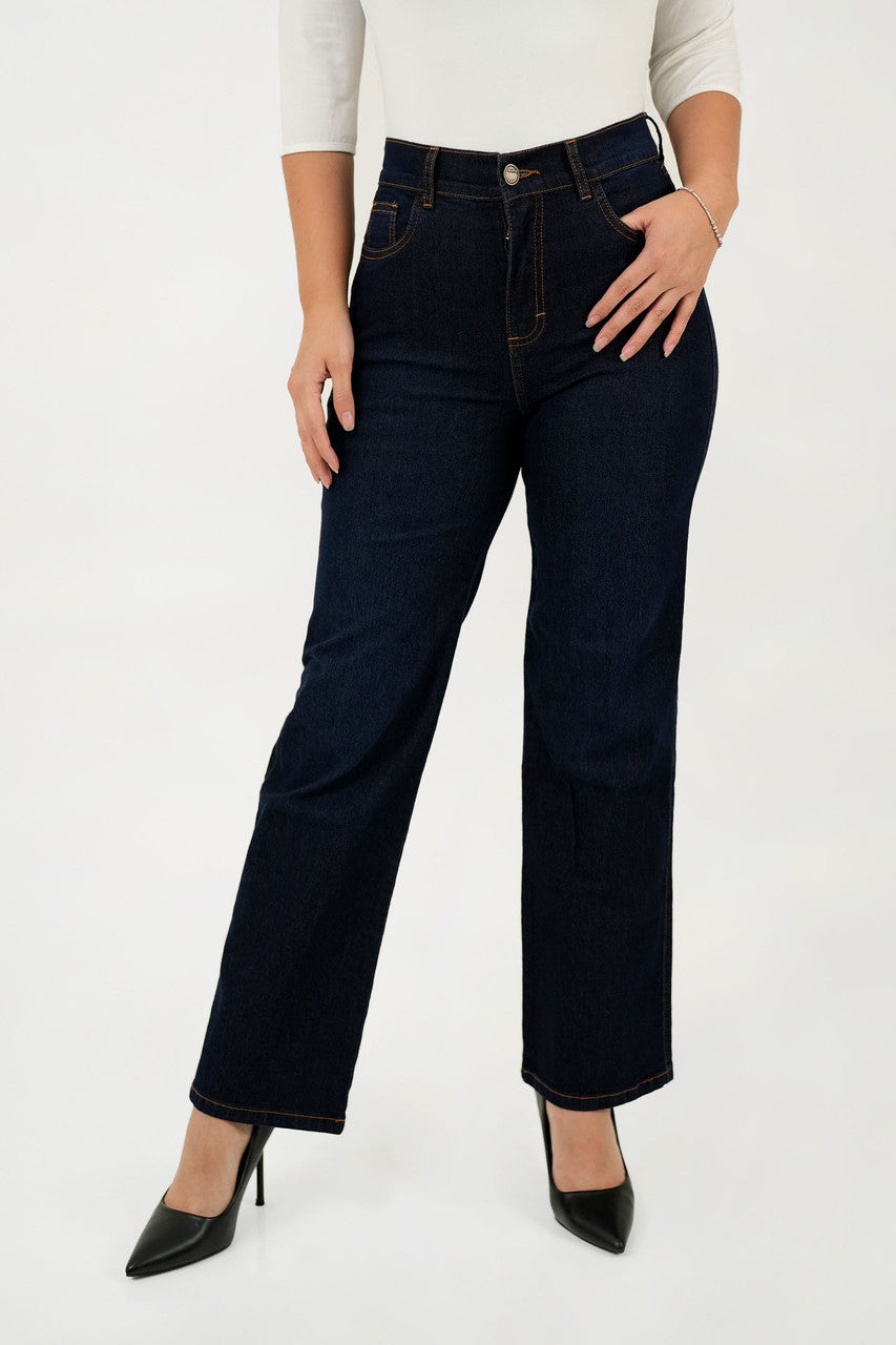Pantalón Recto Tiro Alto Cintura Bolsillo posterior