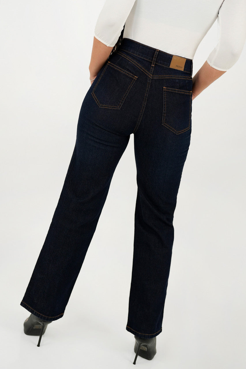Pantalón Recto Tiro Alto Cintura Bolsillo posterior