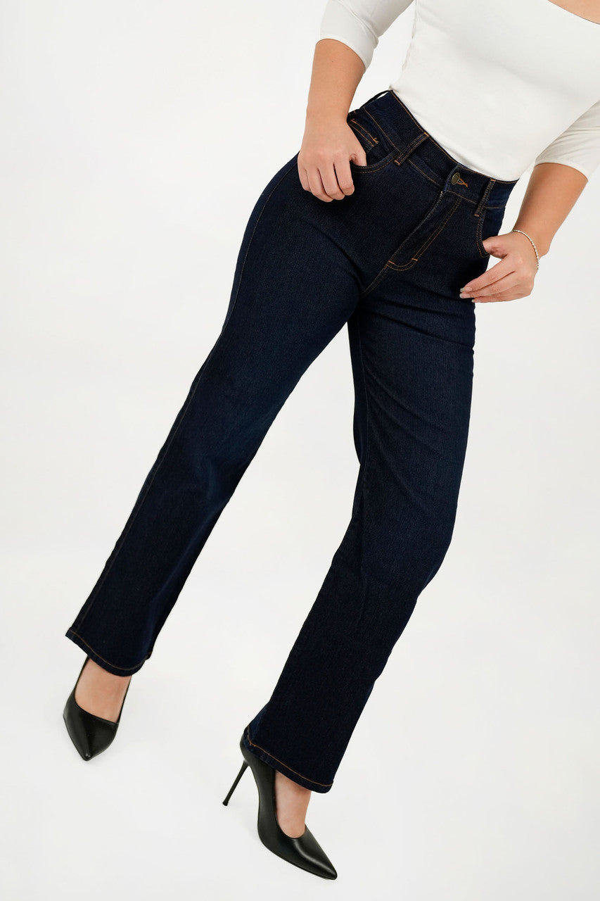 Pantalón Recto Tiro Alto Cintura Bolsillo posterior