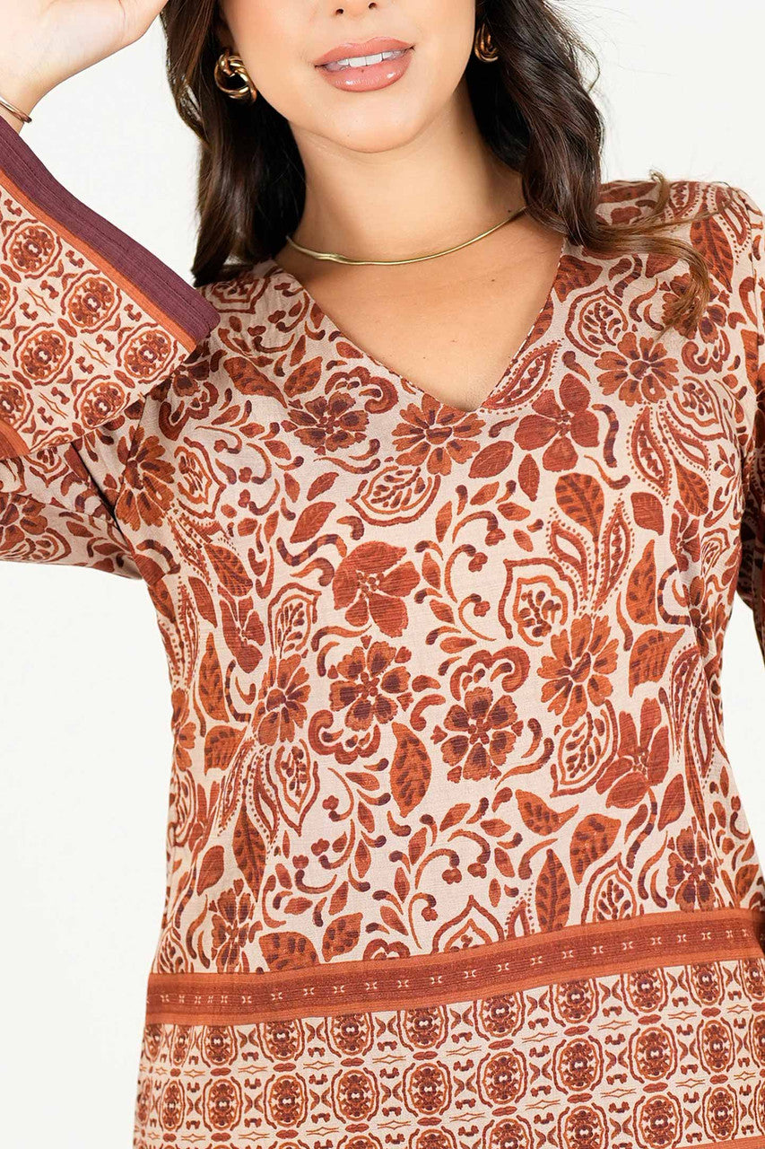 Blusa Estampada Con Manga Acampanada y Escote V