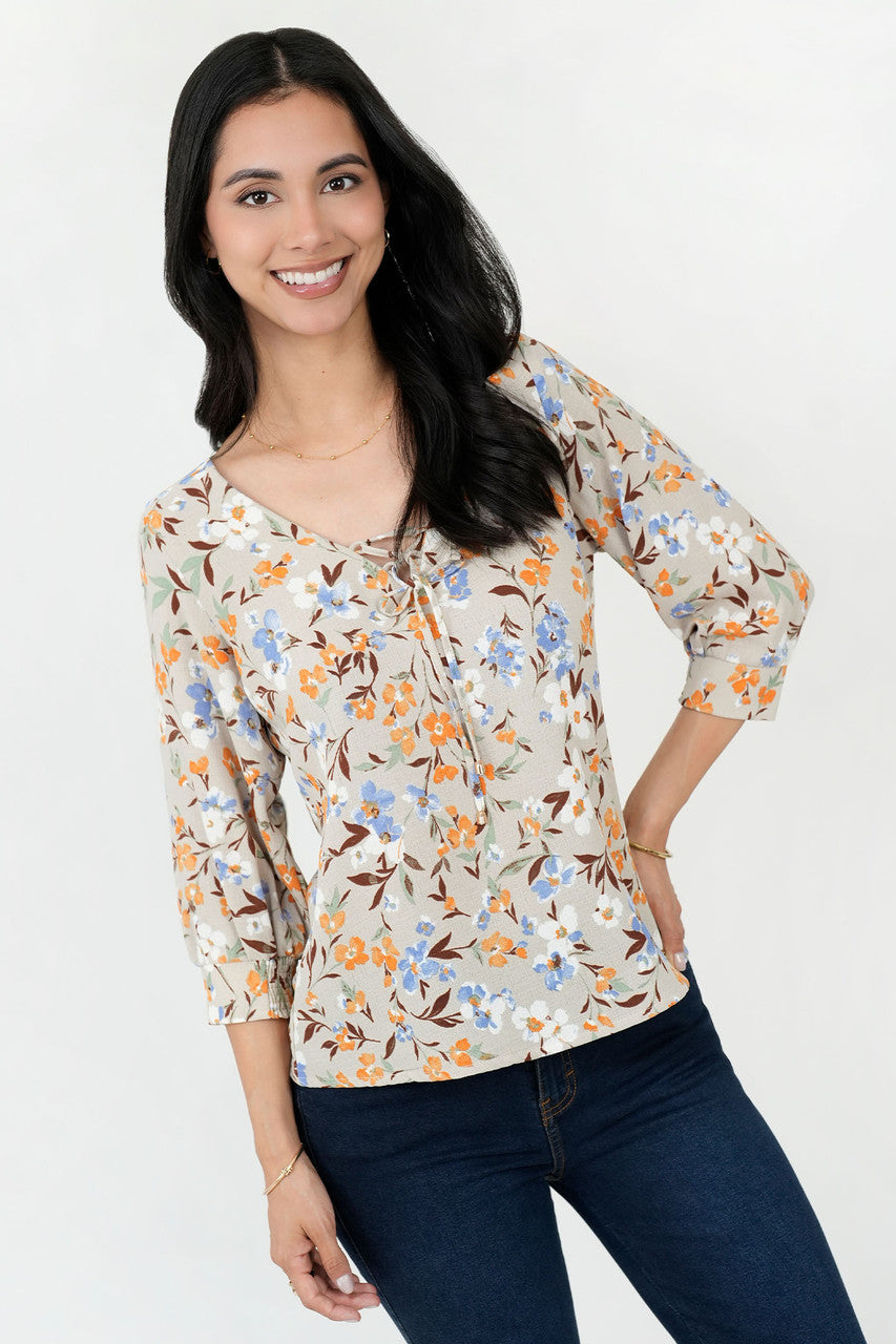 Blusa Vienna Lino Manga 3/4 Escote V con Presillas