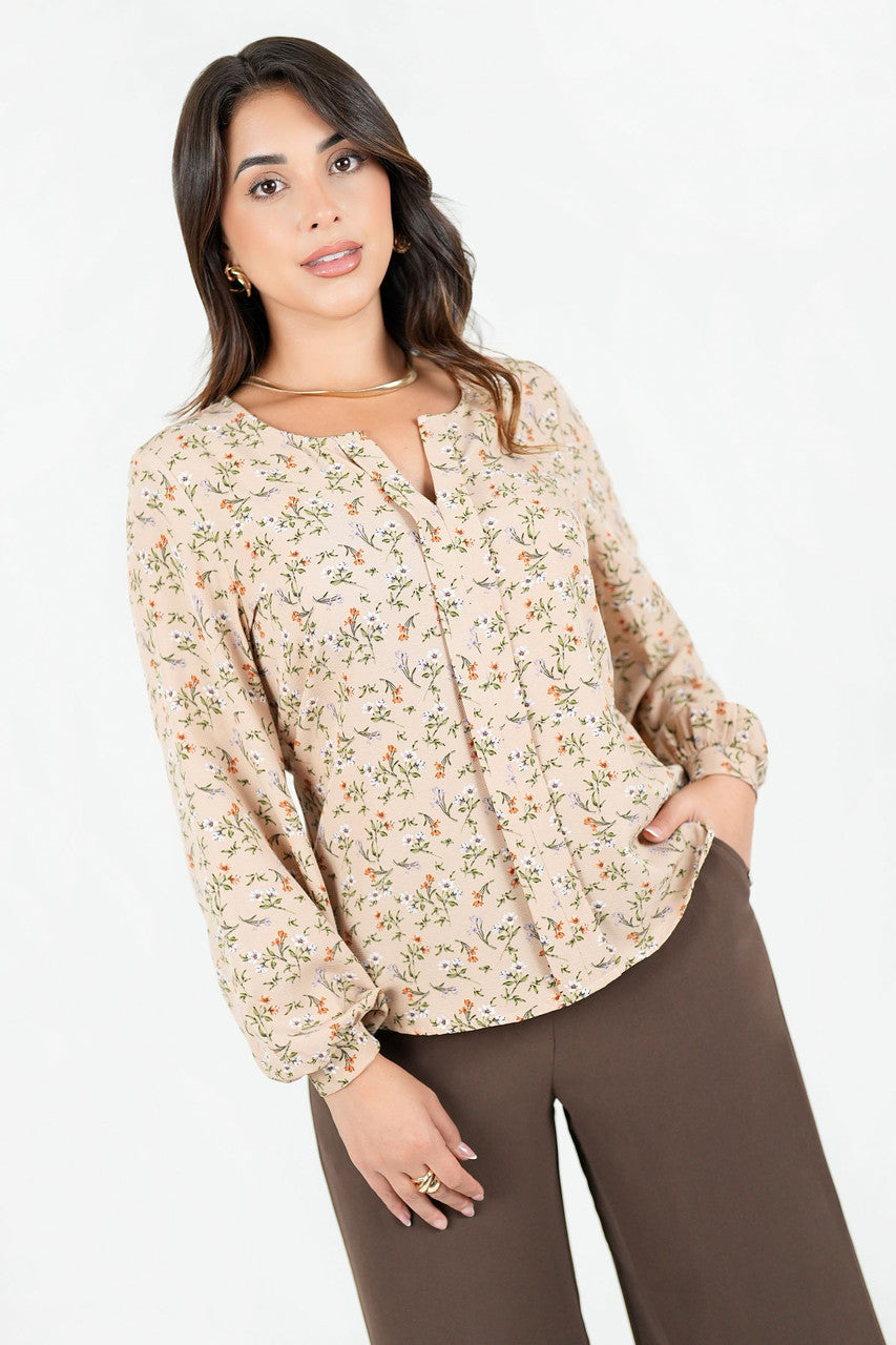 Blusa Manga Larga Seda Corrugada con Escote