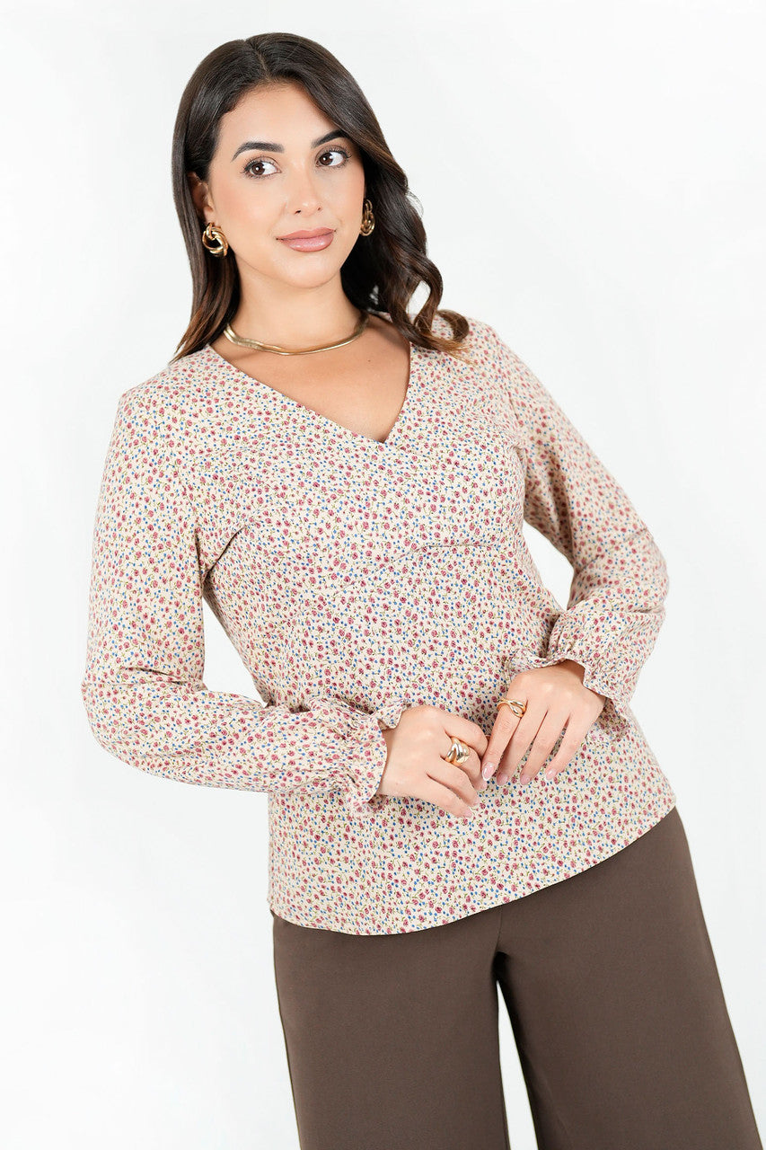 Blusa manga larga en seda corrugada con escote V