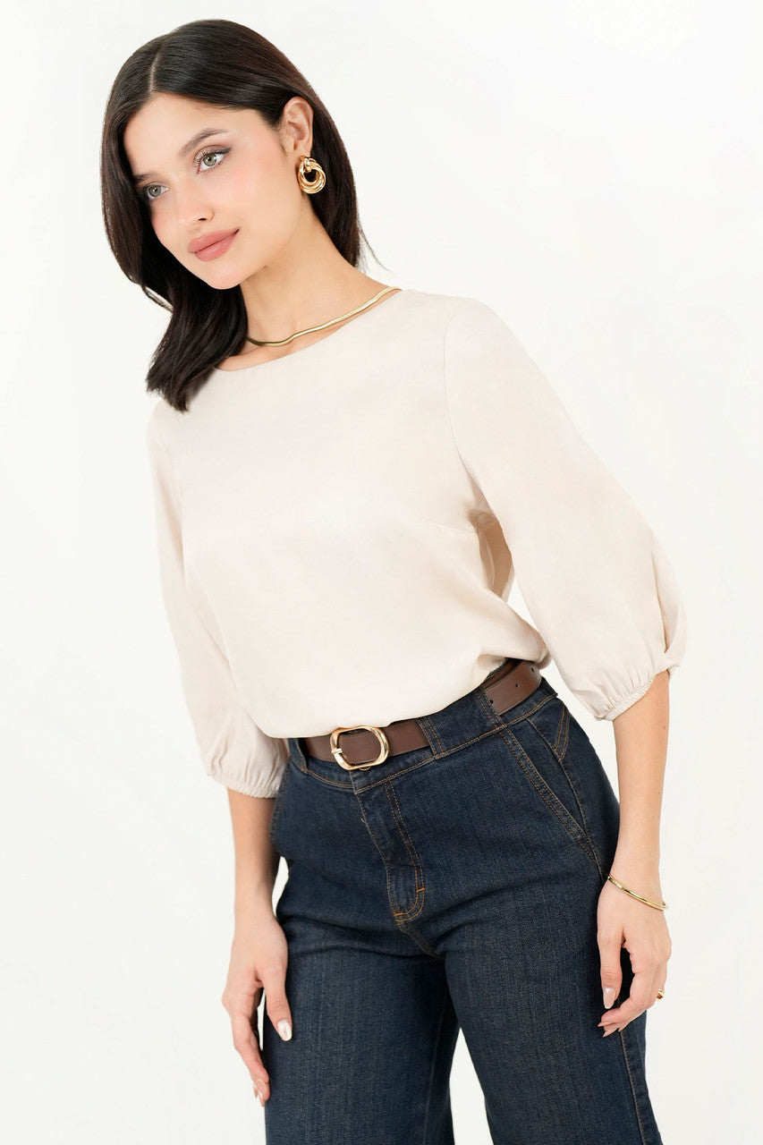 Blusa Manga 3/4 Seda Satinada Escote Ojal