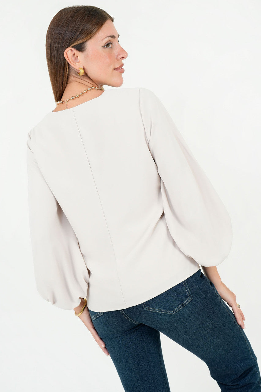 Blusa Manga 5/8 Seda Satinada Escote V con Manga Abullonada