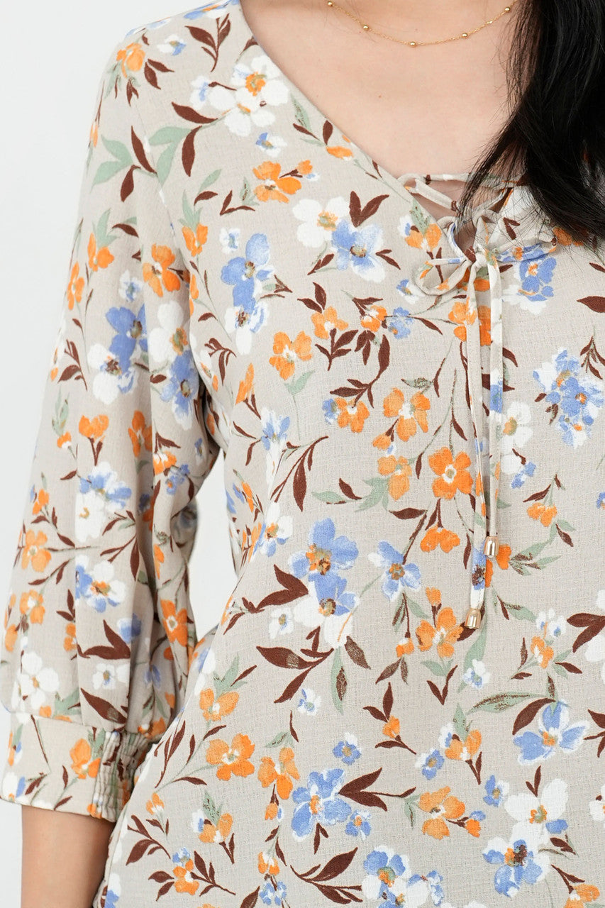 Blusa Vienna Lino Manga 3/4 Escote V con Presillas