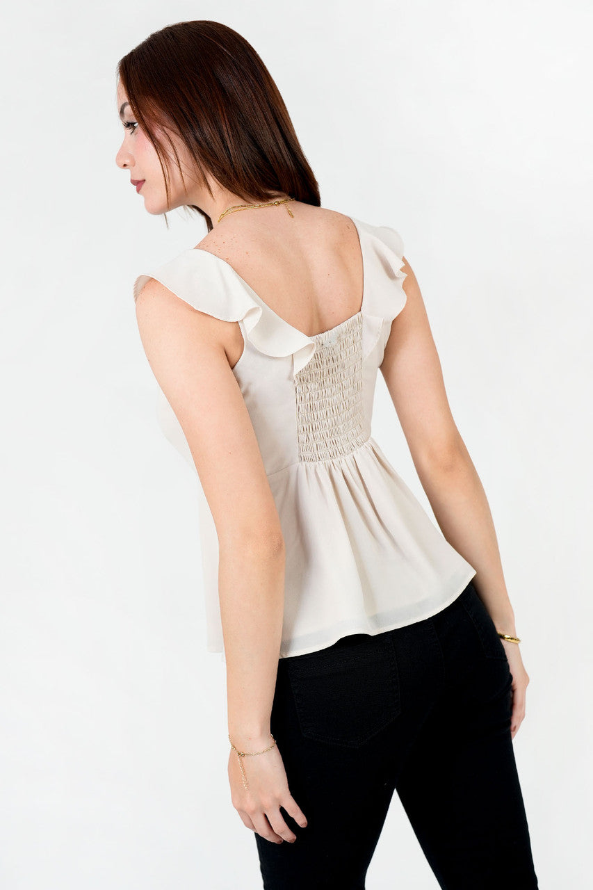 Blusa Gasa Crepé Escote Corazón con Bobo Volante
