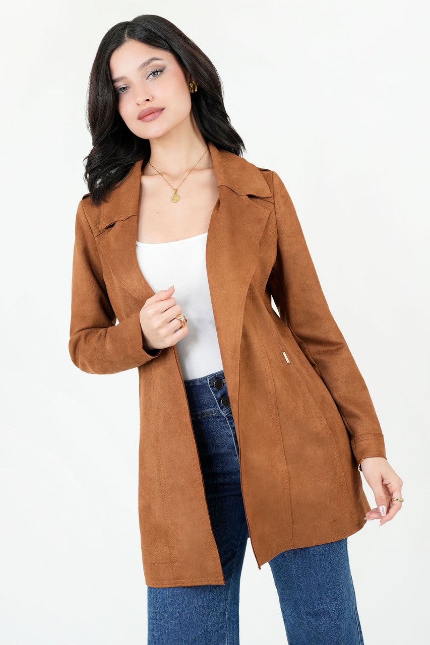 Chaqueta Larga Rústica Suede con Solapa y Cuello Sport