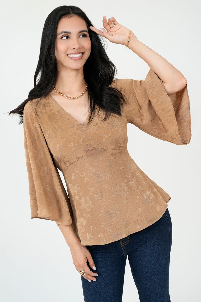 Blusa Manga 3/4 Seda Hindu Brocado Escote V con Lazo en Espalda