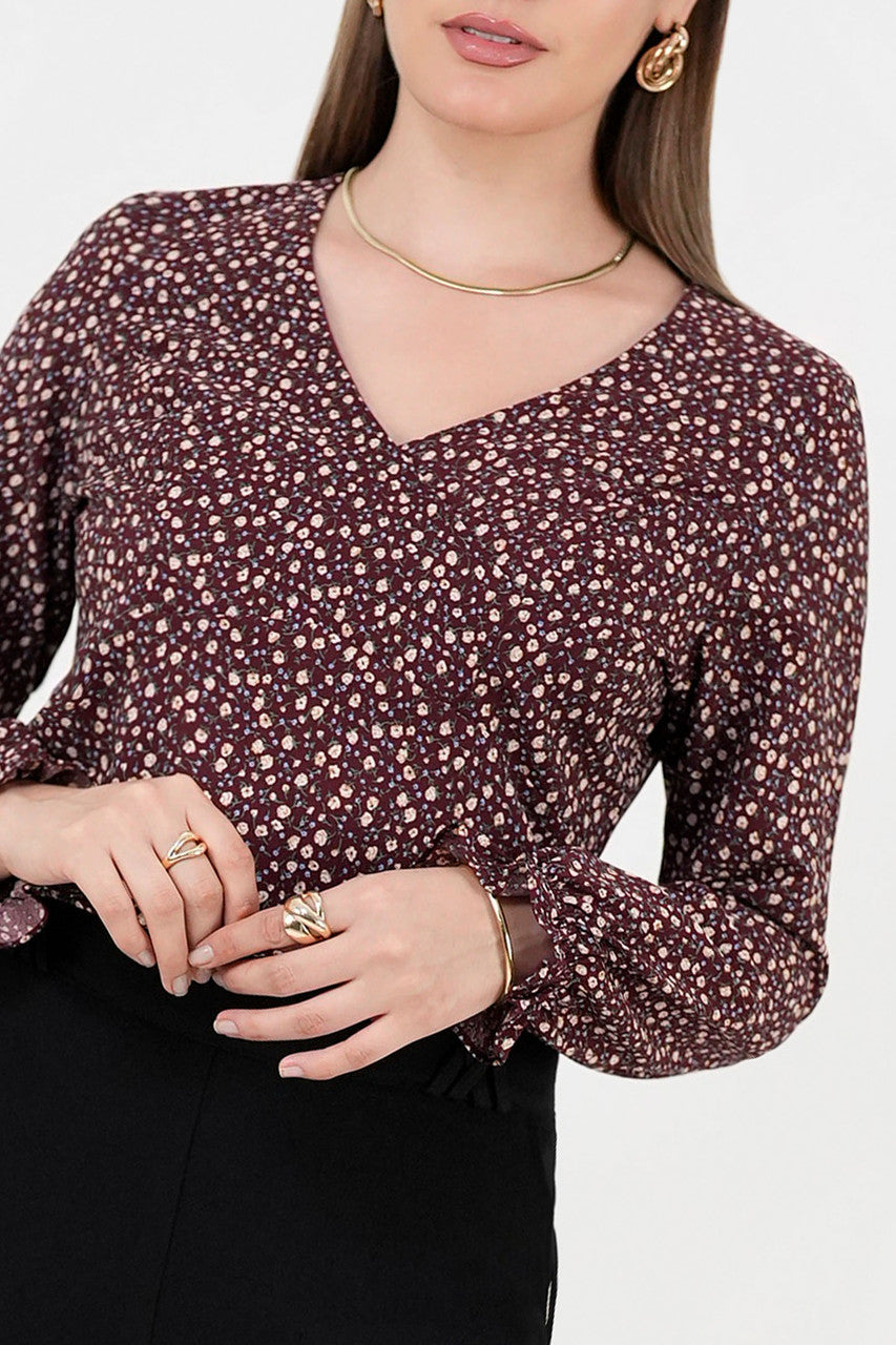 Blusa manga larga en seda corrugada con escote V