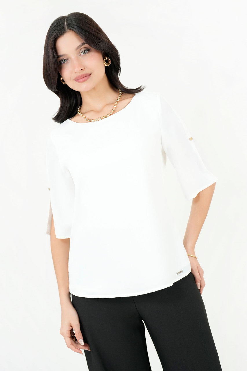 Blusa Escote Ojal Gasa Crepe Manga 3/4 Acampanada