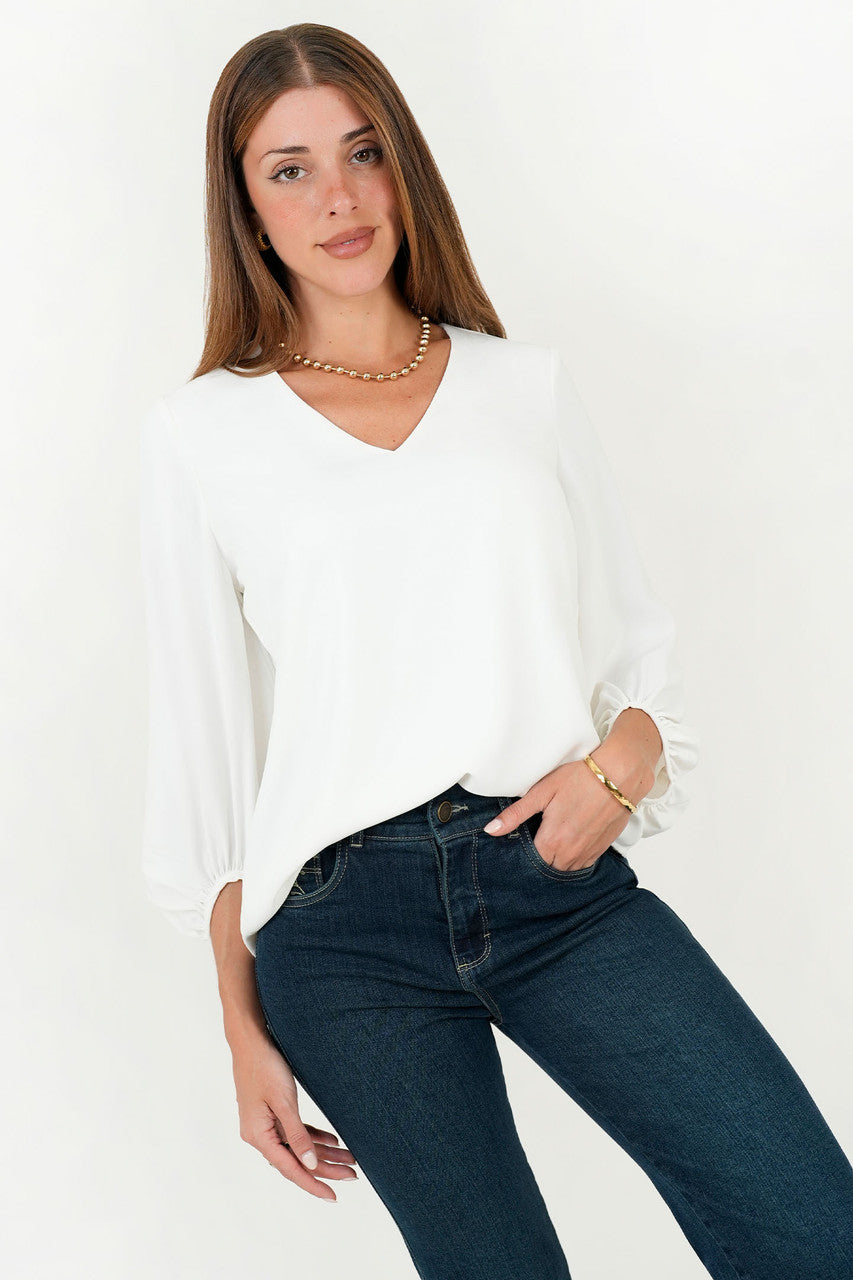 Blusa Manga 5/8 Seda Satinada Escote V con Manga Abullonada