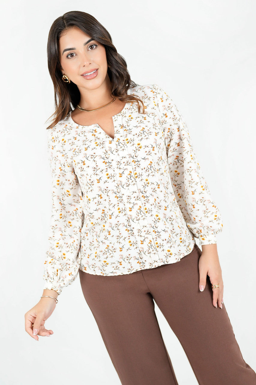 Blusa Manga Larga Seda Corrugada con Escote