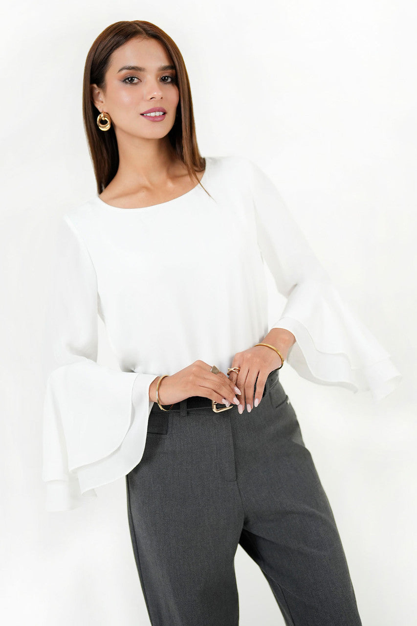 Blusa Escote Ojal Gasa Crepe con Manga Ruffle