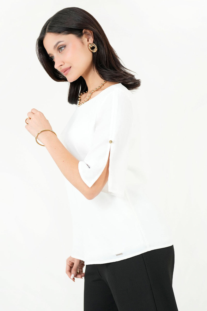 Blusa Escote Ojal Gasa Crepe Manga 3/4 Acampanada
