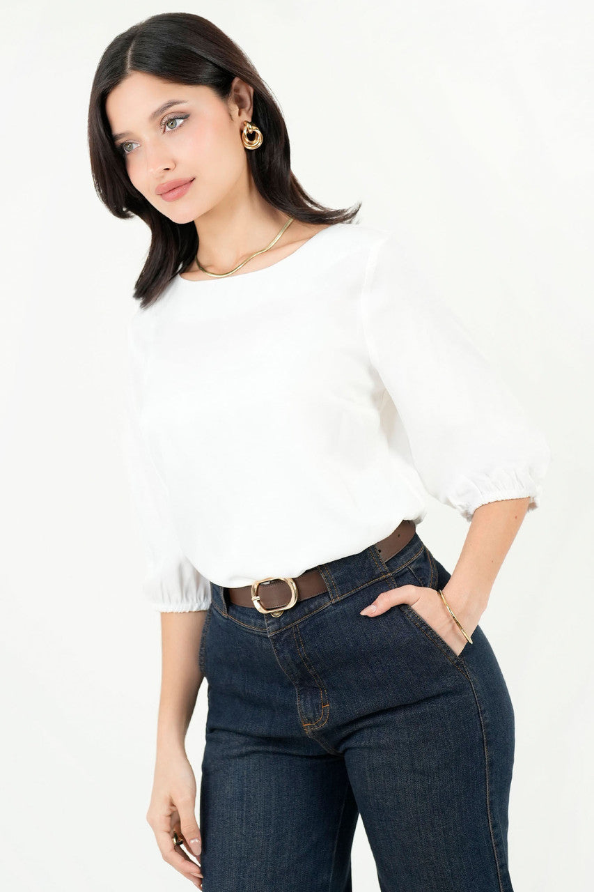 Blusa Manga 3/4 Seda Satinada Escote Ojal