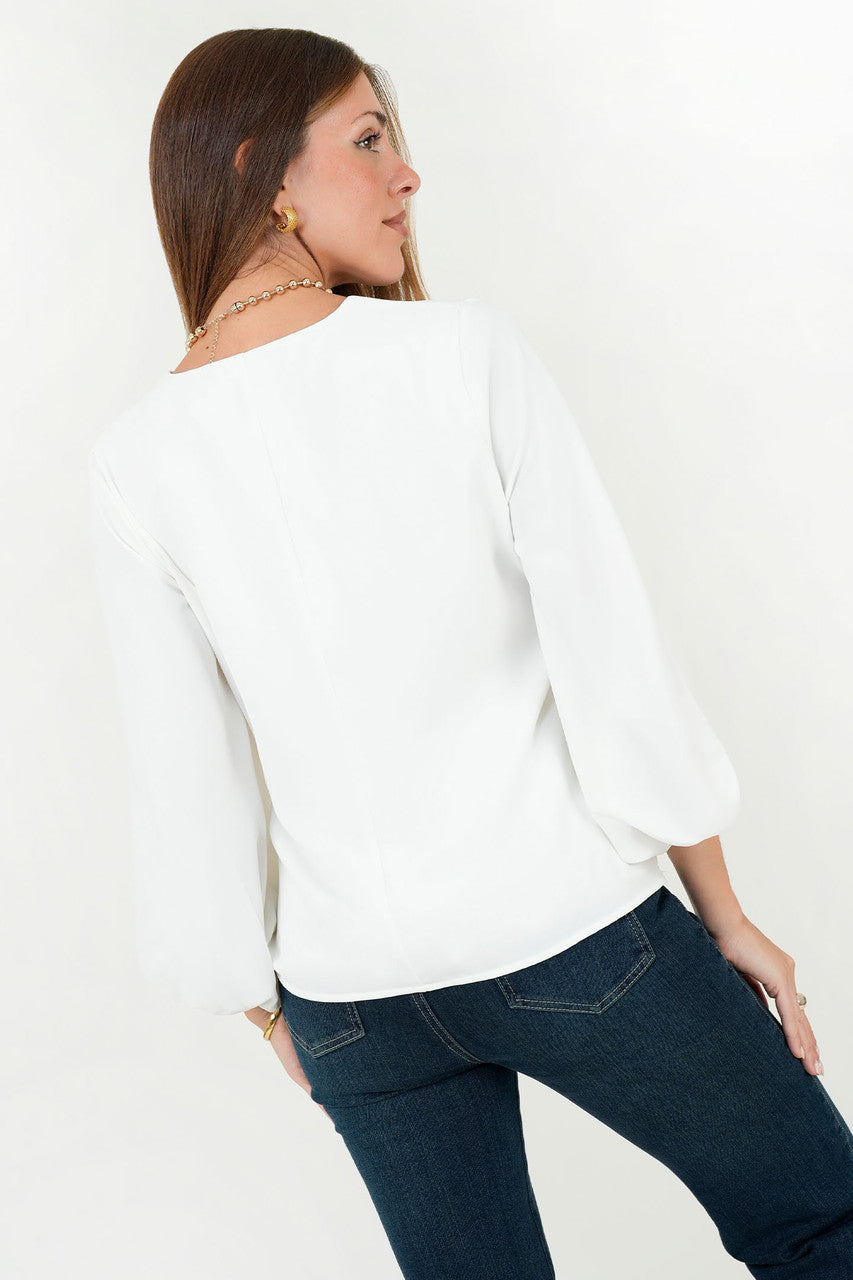 Blusa Manga 5/8 Seda Satinada Escote V con Manga Abullonada