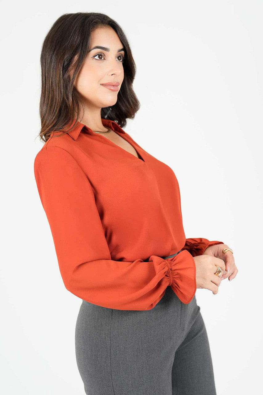 Blusa manga larga cuello camisero y escote V