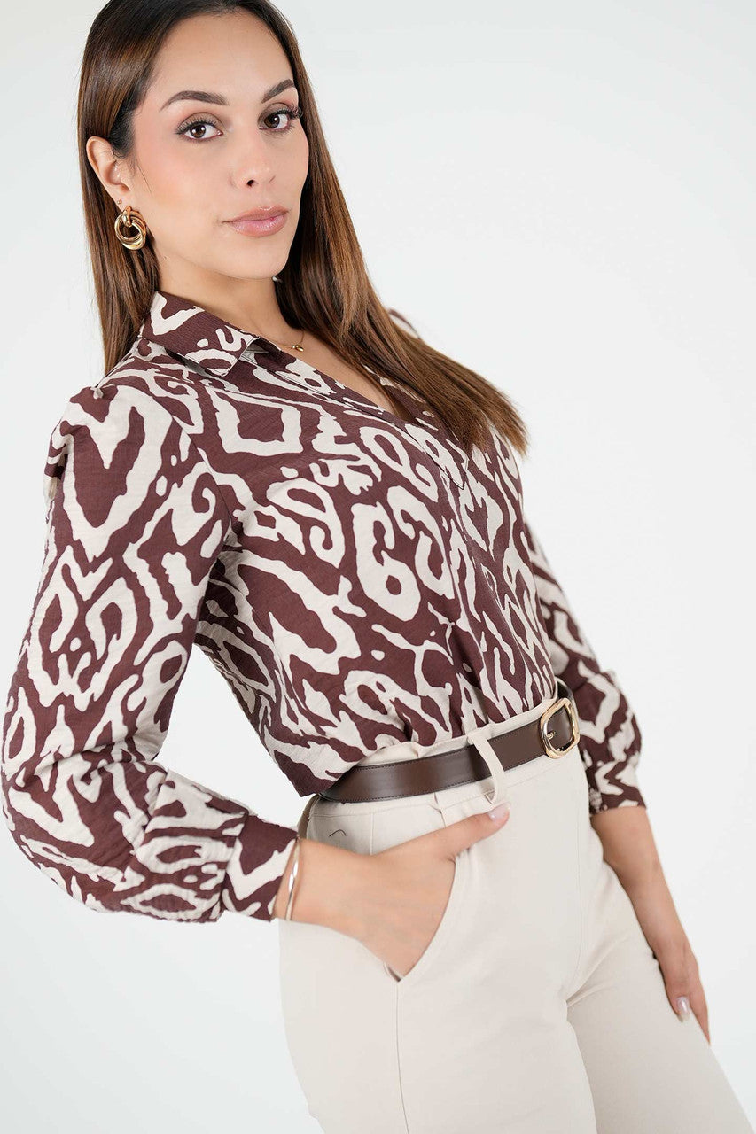 Blusa Manga Larga Estampada Con Escote V