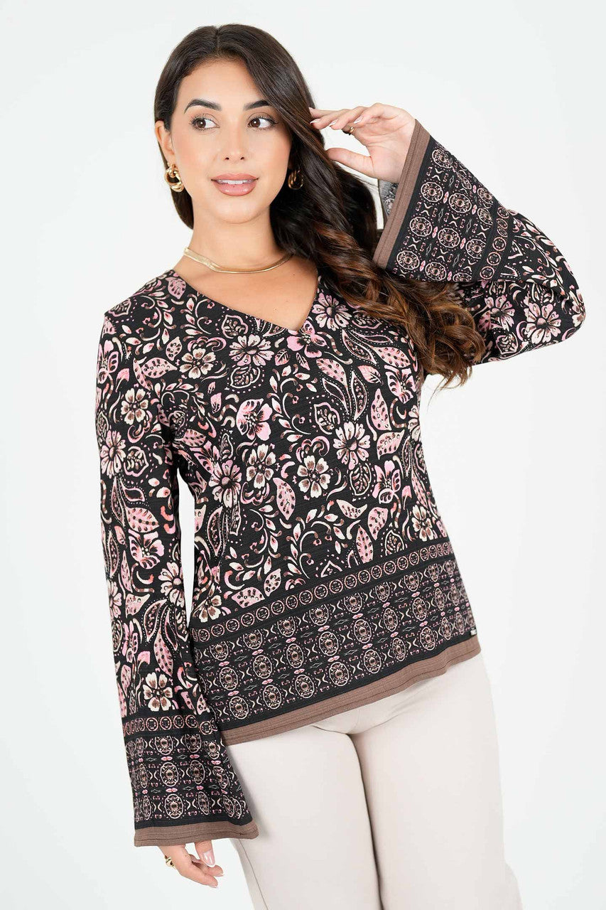 Blusa Estampada Con Manga Acampanada y Escote V