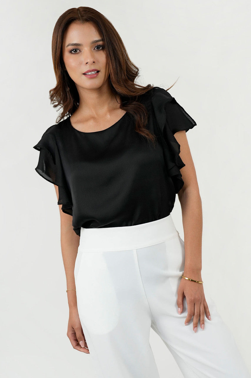 Blusa Satín Hindú Manga Ruffle Escote Ojal