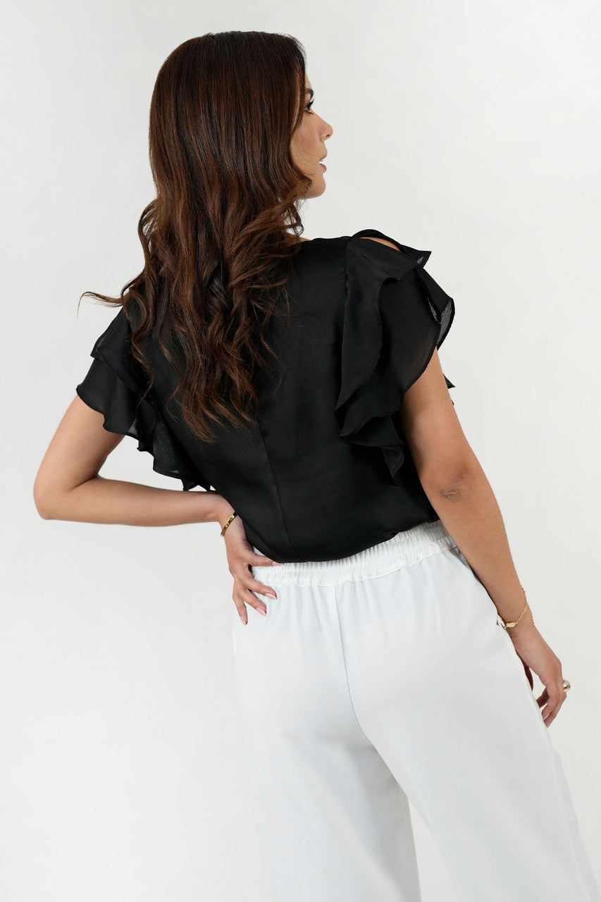 Blusa Satín Hindú Manga Ruffle Escote Ojal