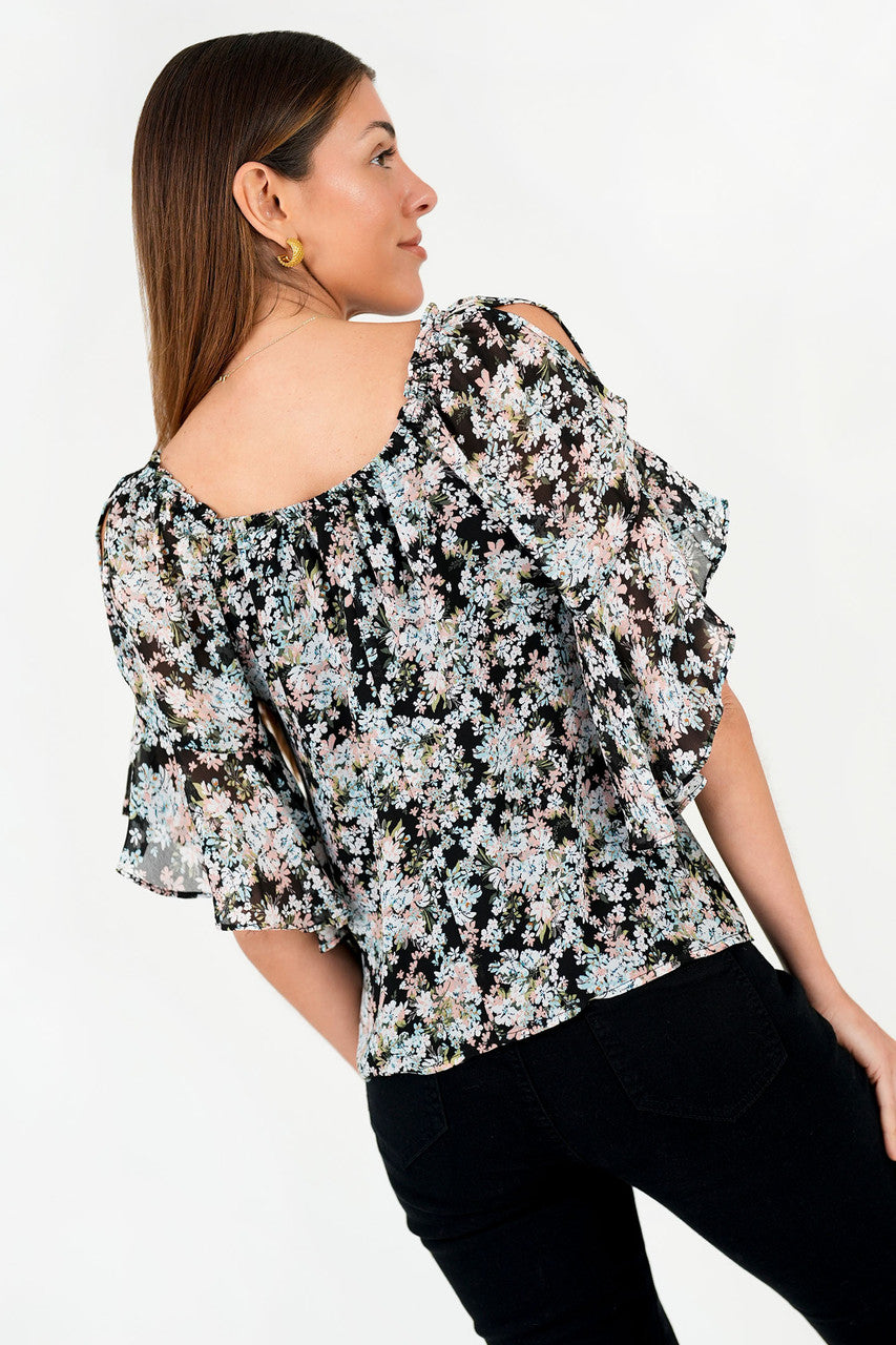 Blusa Manga 3/4 Gasa Estampada Escote Redondo