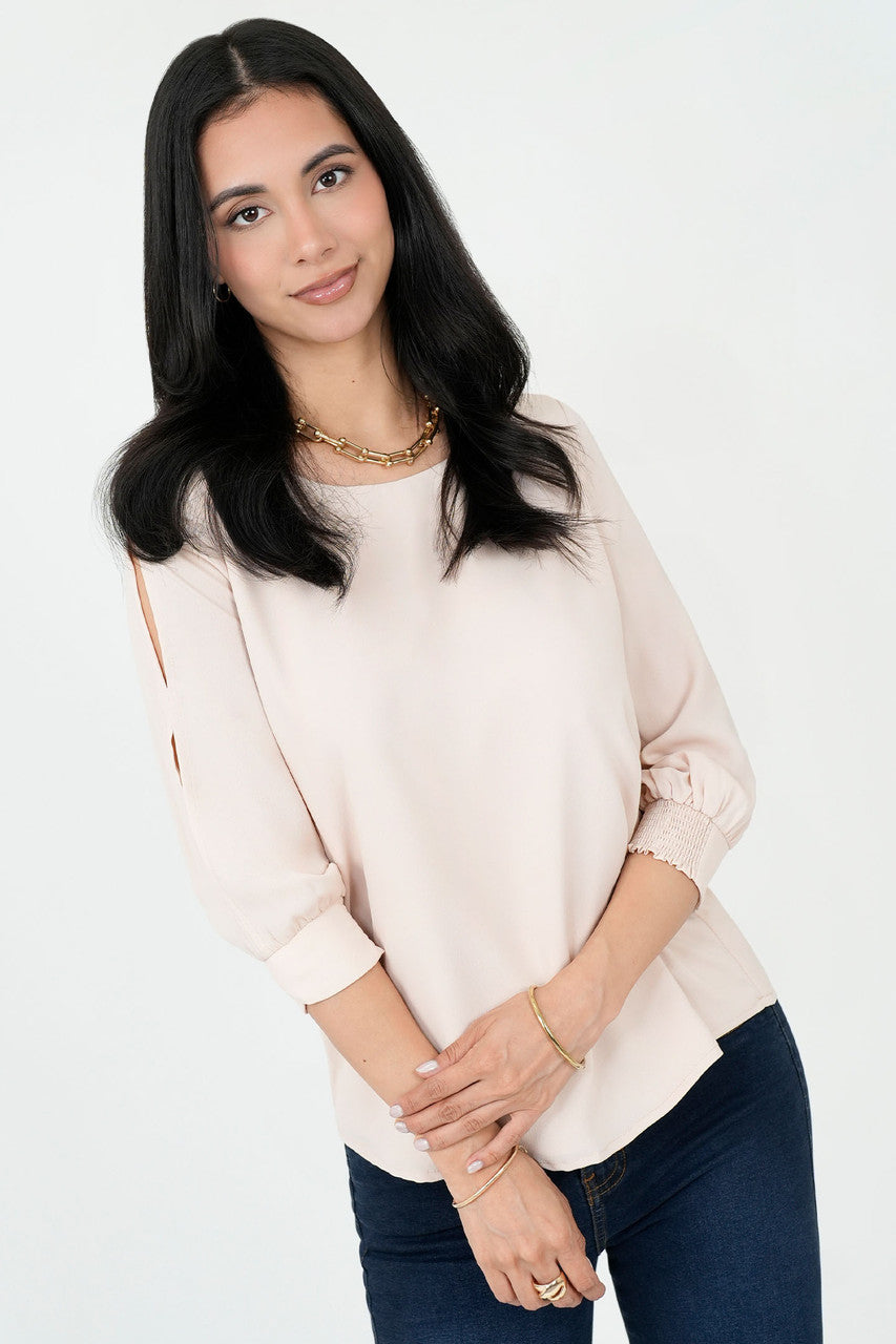 Blusa Gasa Crepe Manga 3/4 Escote Ojal con Puño Tulipán