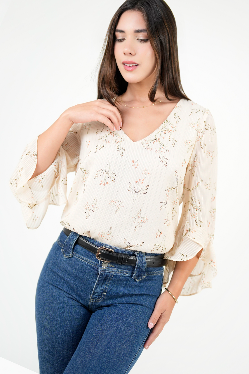 Blusa Manga 5/8 con Ruffle en Gasa Hindu
