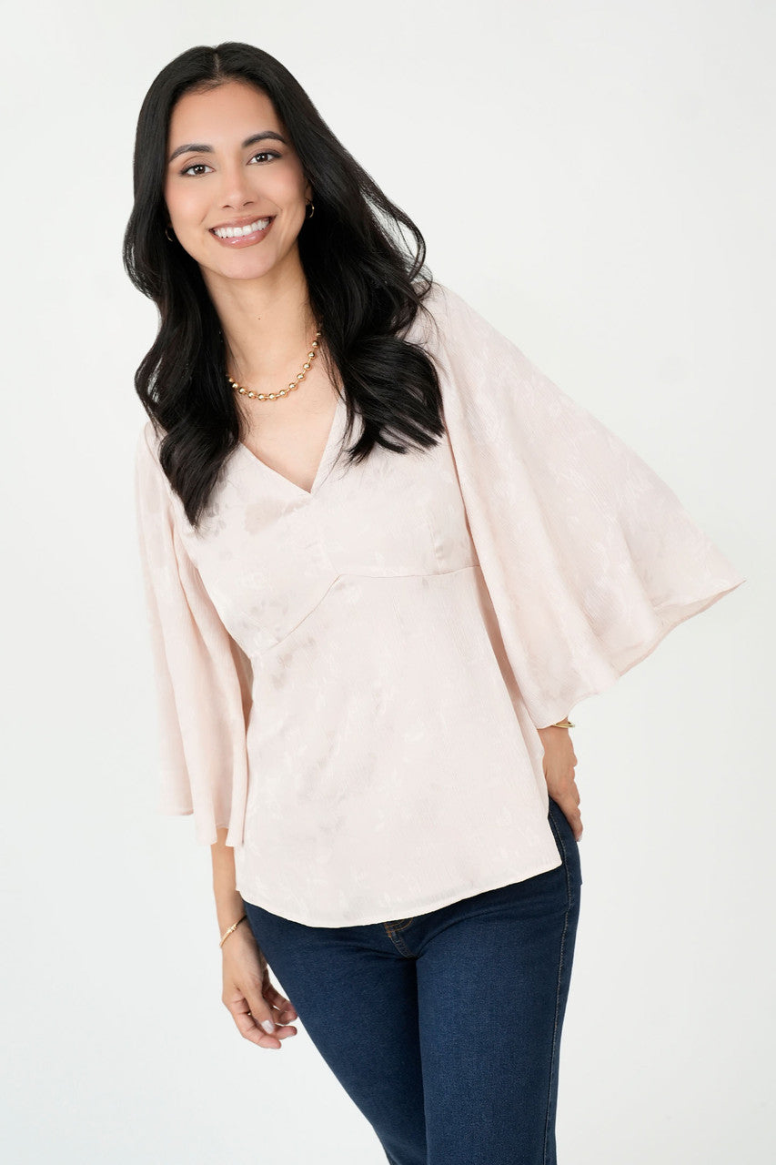 Blusa Manga 3/4 Seda Hindu Brocado Escote V con Lazo en Espalda