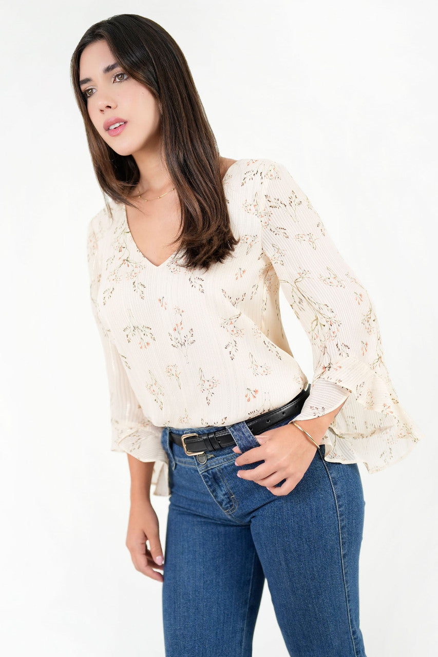 Blusa Manga 5/8 con Ruffle en Gasa Hindu