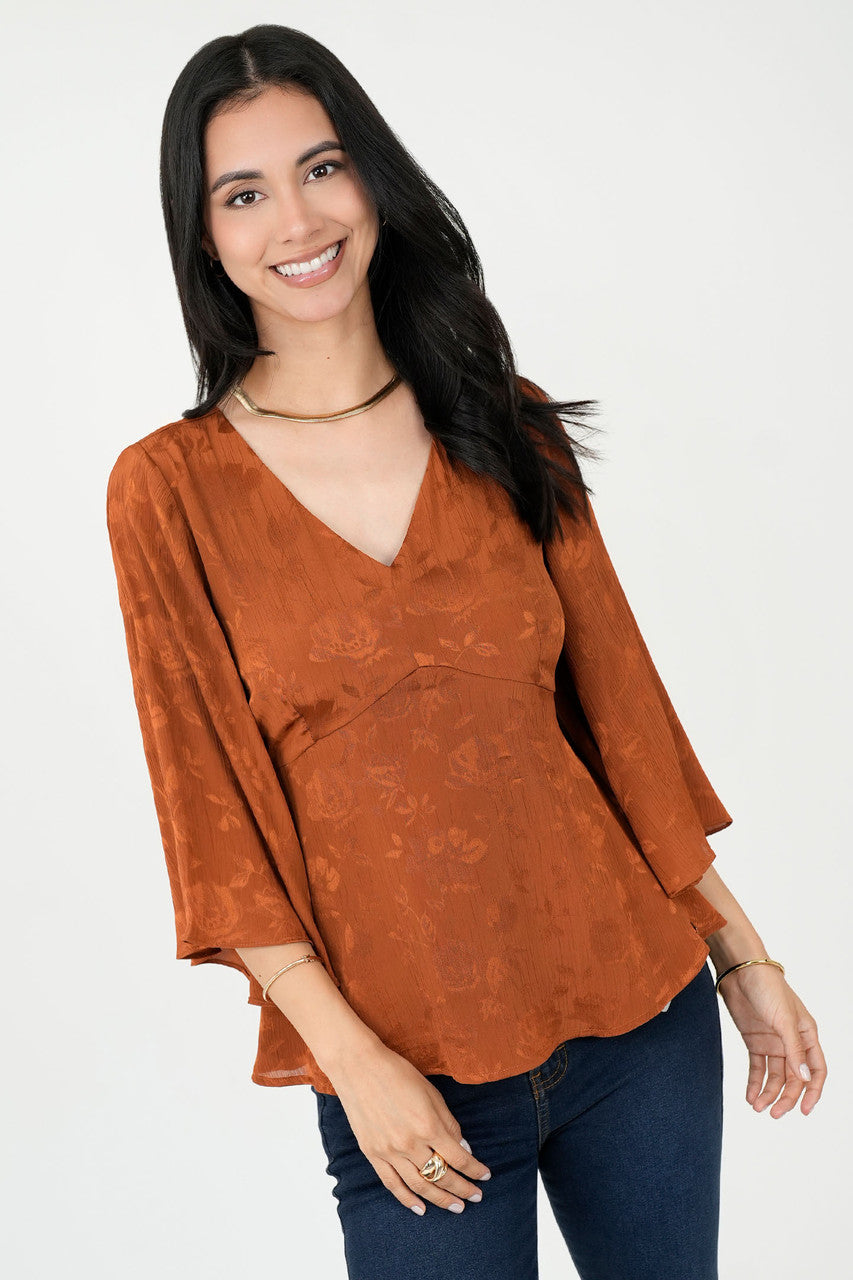 Blusa Manga 3/4 Seda Hindu Brocado Escote V con Lazo en Espalda