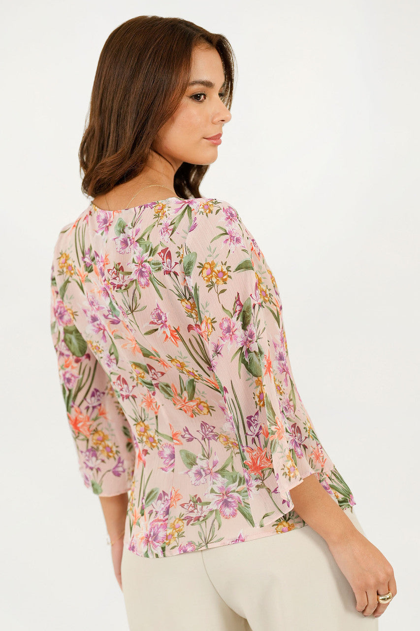 Blusa Manga 3/4 Gasa Estampada con Lazo Escote en V