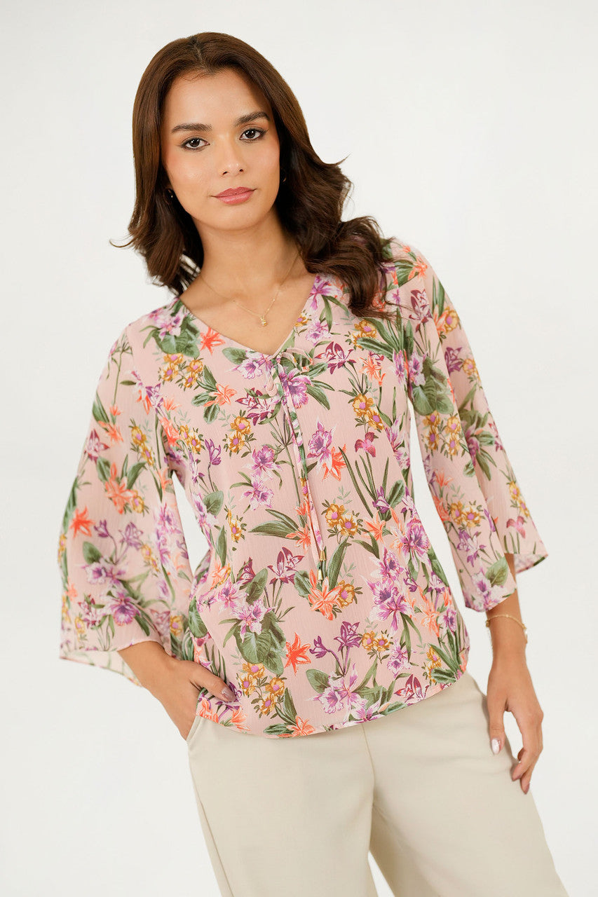 Blusa Manga 3/4 Gasa Estampada con Lazo Escote en V